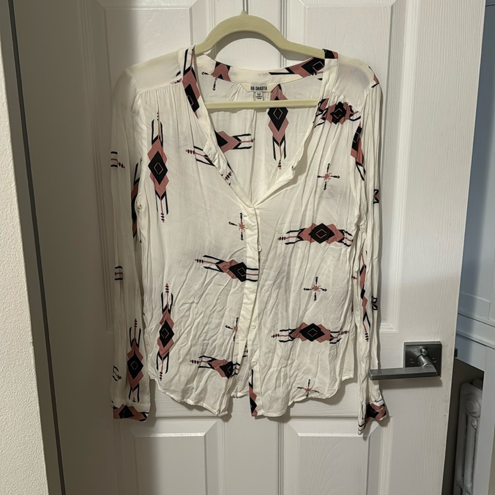 BB Dakota White and Pink Patterned Button Down Shirt